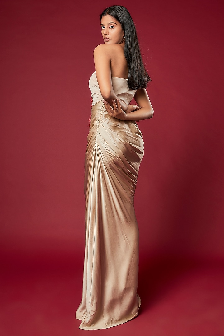 Champagne Satin Georgette Embroidered Draped Wedding Gown by Sonaakshi Raaj at Pernia's Pop Up Shop