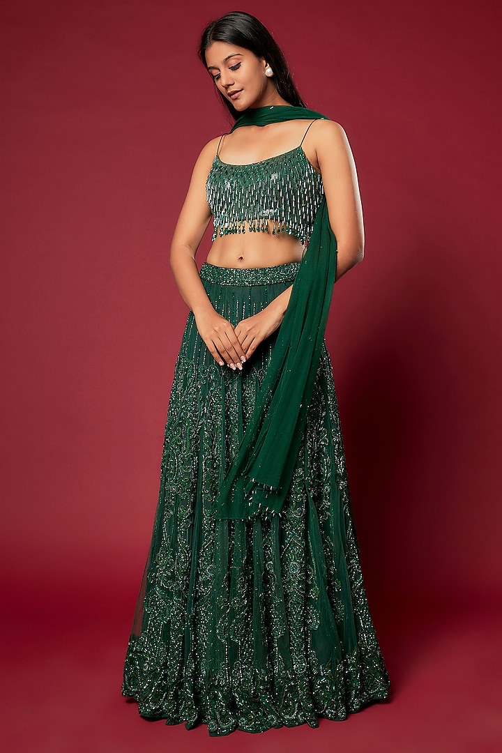 Bottle Green Cotton Satin & Swiss Net Embroidered Lehenga Set by Sonaakshi Raaj