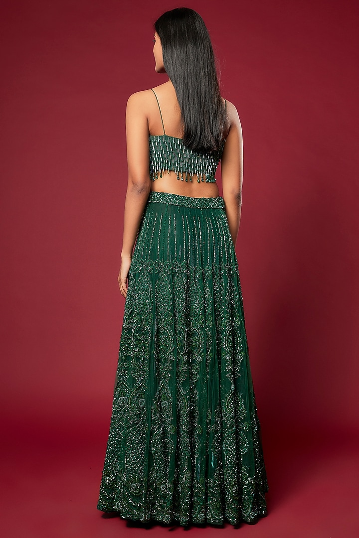 Bottle Green Cotton Satin & Swiss Net Embroidered Bridal Lehenga Set by Sonaakshi Raaj at Pernia's Pop Up Shop