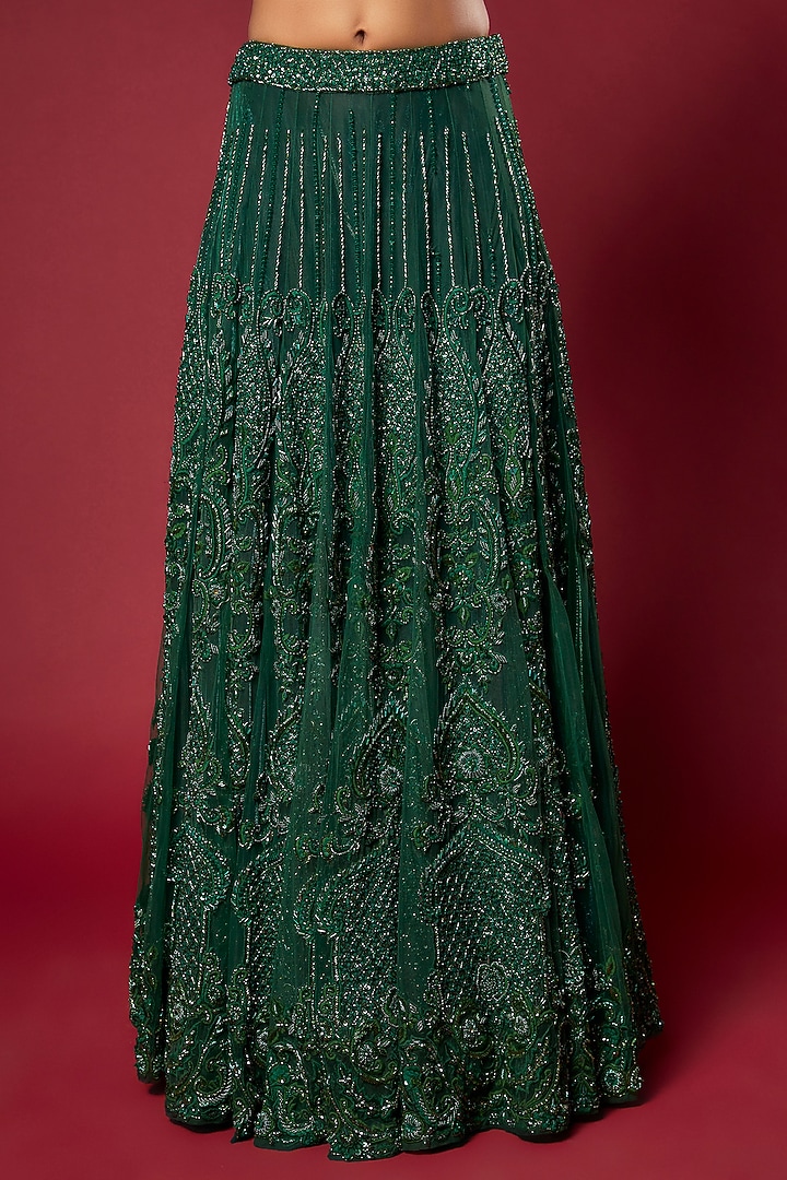 Bottle Green Cotton Satin & Swiss Net Embroidered Bridal Lehenga Set by Sonaakshi Raaj at Pernia's Pop Up Shop