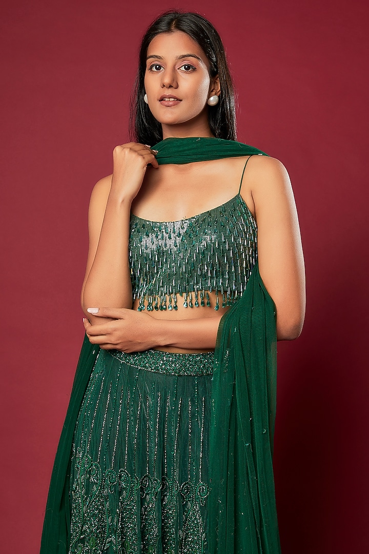 Bottle Green Cotton Satin & Swiss Net Embroidered Bridal Lehenga Set by Sonaakshi Raaj at Pernia's Pop Up Shop