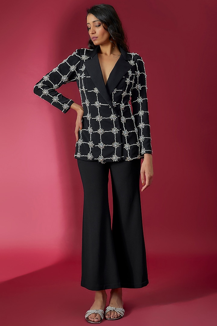 Black Micro Lycra Blazer Set by Sonaakshi Raaj at Pernia's Pop Up Shop