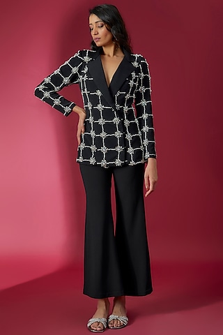 Black Micro Lycra Blazer Set by Sonaakshi Raaj