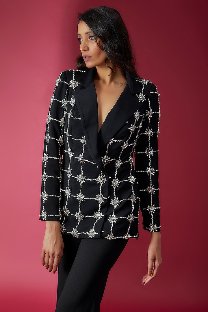 Black Micro Lycra Blazer Set by Sonaakshi Raaj at Pernia's Pop Up Shop