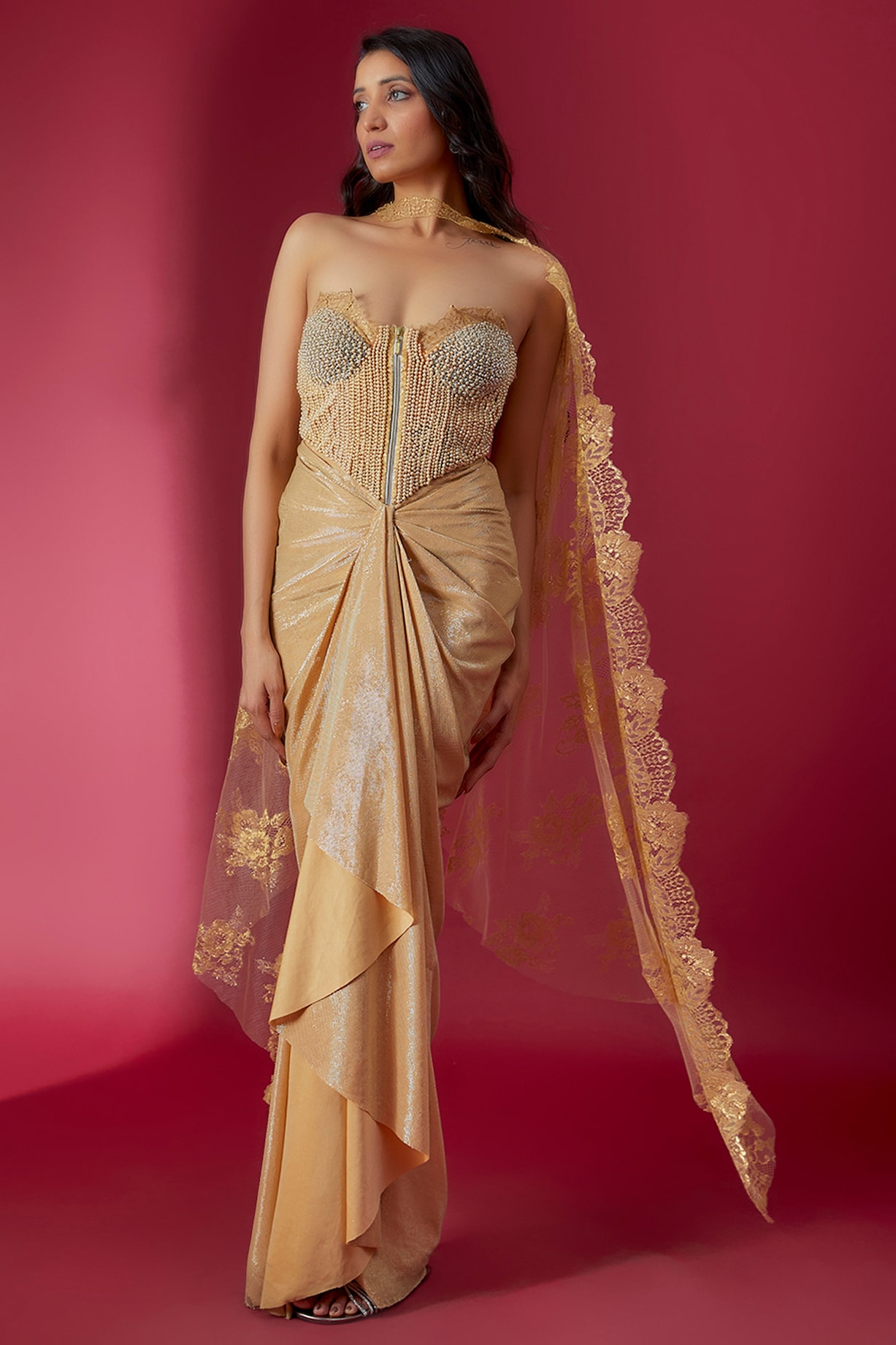 green emerald velvet dress Golden Spell— Ready to Wear Slit Draped Golden Saree main image 1
