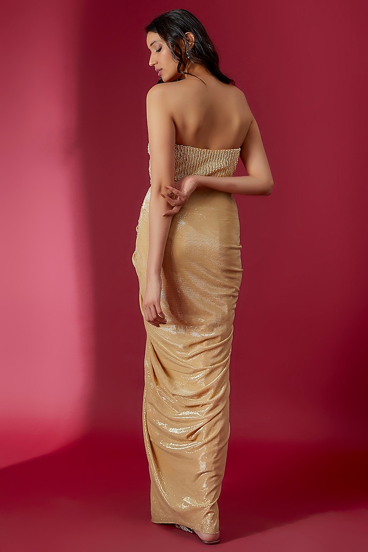 Champagne Gold Metallic Lycra Embroidered Tube Wedding Gown Saree by Sonaakshi Raaj at Pernia's Pop Up Shop