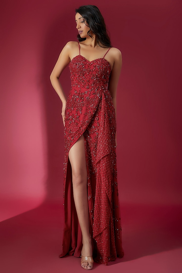 Red Swiss Net Embroidered Side Trail Gown by Sonaakshi Raaj