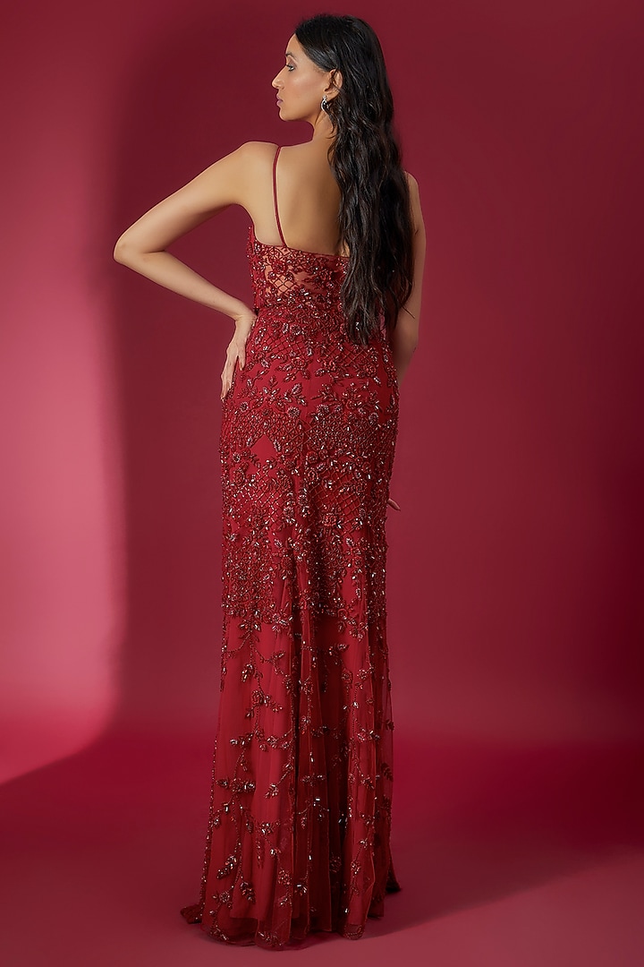 Red Swiss Net Embroidered Side Trail Bridal Gown by Sonaakshi Raaj at Pernia's Pop Up Shop