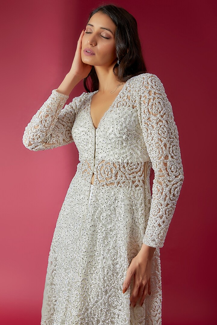 Ivory Swiss Net & Cotton Satin Bridal Sharara Set by Sonaakshi Raaj at Pernia's Pop Up Shop