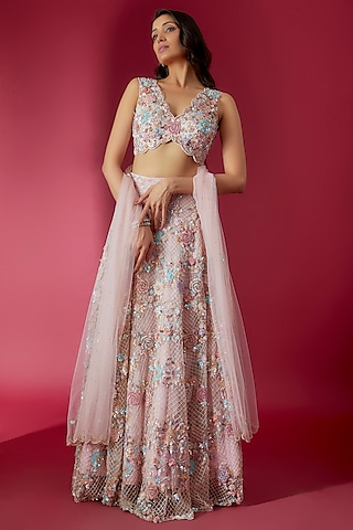 Baby Pink Swiss Net Embroidered Lehenga Set by Sonaakshi Raaj