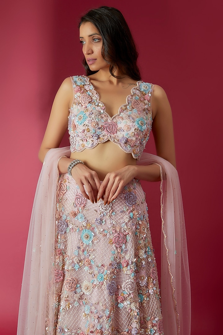 Baby Pink Swiss Net Embroidered Bridal Lehenga Set by Sonaakshi Raaj at Pernia's Pop Up Shop