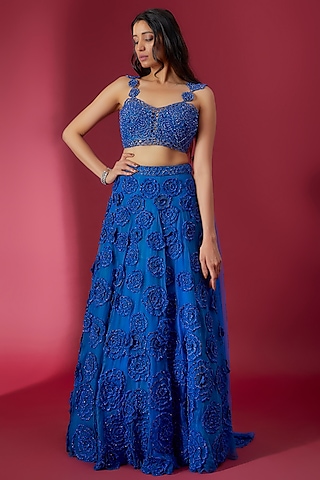 Royal Blue Organza & Swiss Net Embroidered Lehenga Set by Sonaakshi Raaj
