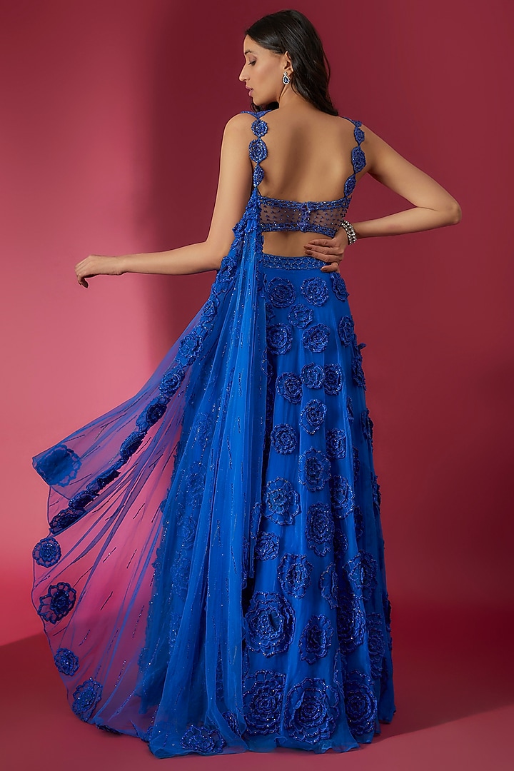 Royal Blue Organza & Swiss Net Embroidered Bridal Lehenga Set by Sonaakshi Raaj at Pernia's Pop Up Shop