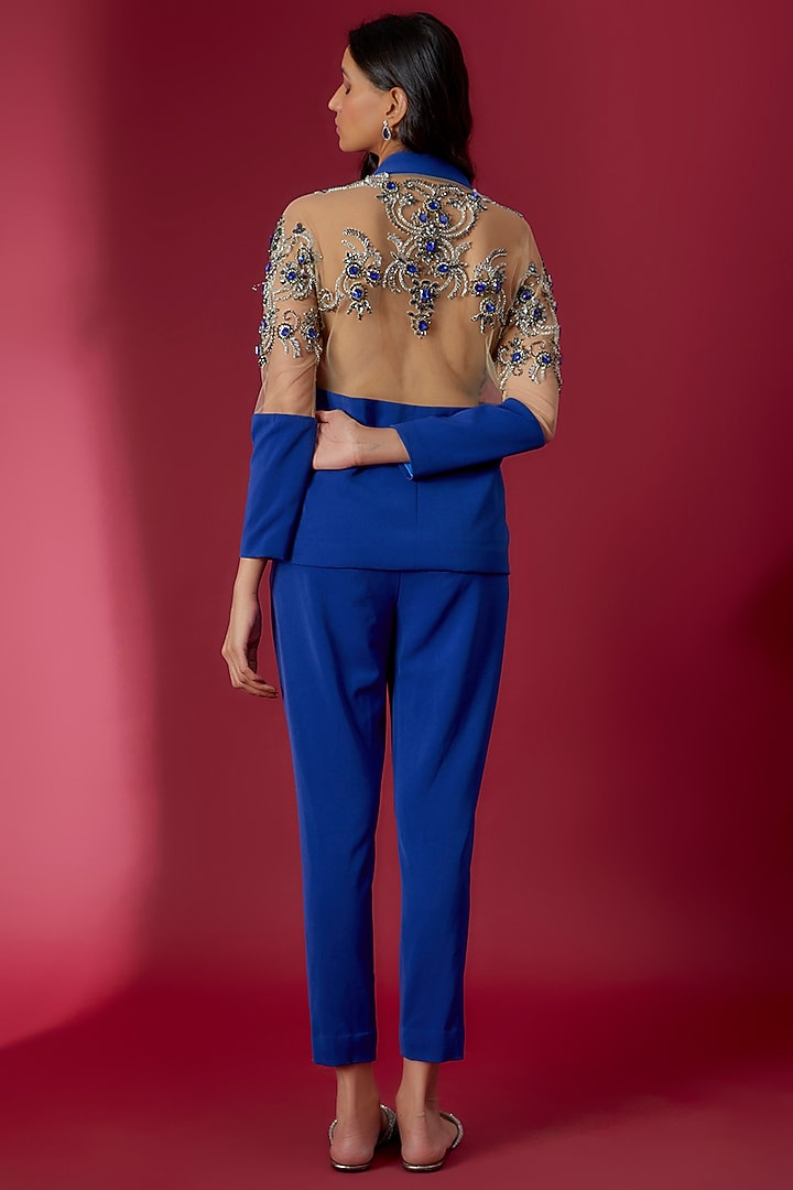 Royal Blue Micro Lycra Crystal Embroidered Blazer Set by Sonaakshi Raaj at Pernia's Pop Up Shop