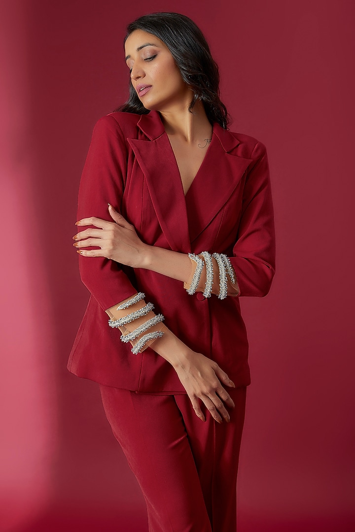 Red Swiss Net & Micro Lycra Pant Set by Sonaakshi Raaj at Pernia's Pop Up Shop