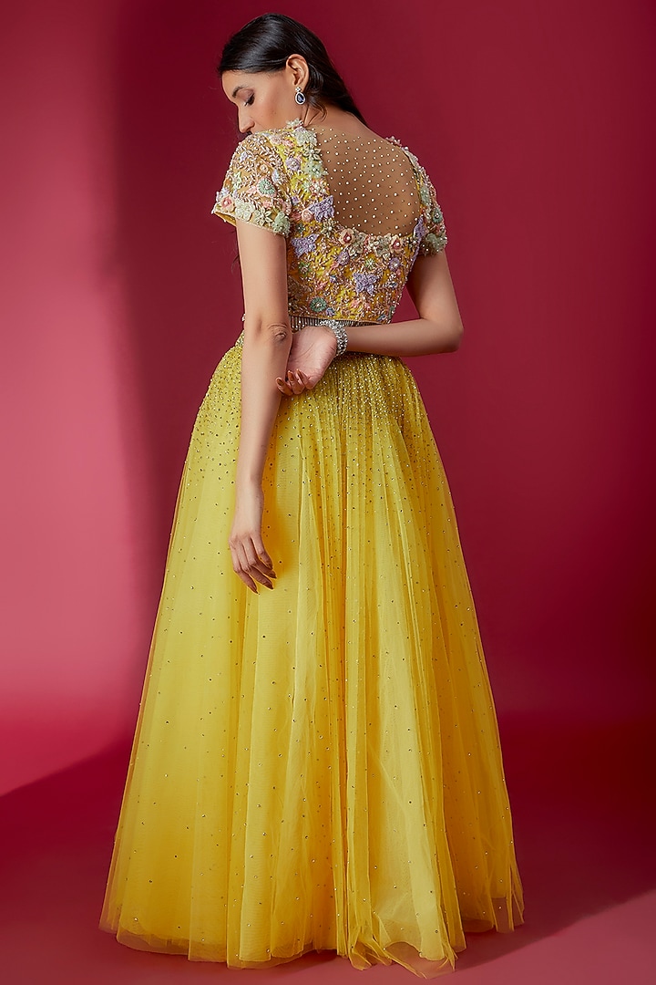 Yellow Swiss Net & Cotton Satin Embroidered Bridal Lehenga Set by Sonaakshi Raaj at Pernia's Pop Up Shop