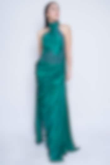 Teal Green Silk Satin Draped Halter Engagement Gown by Sonaakshi Raaj at Pernia's Pop Up Shop