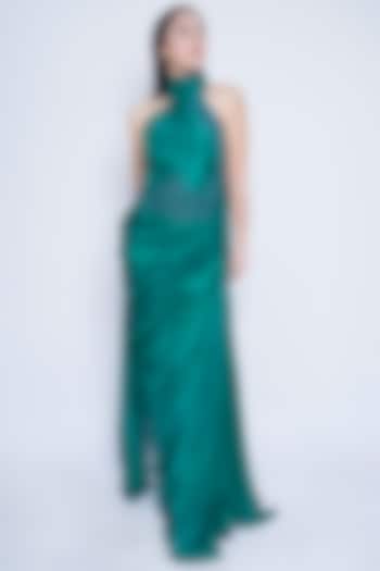 Teal Green Silk Satin Draped Halter Gown by Sonaakshi Raaj