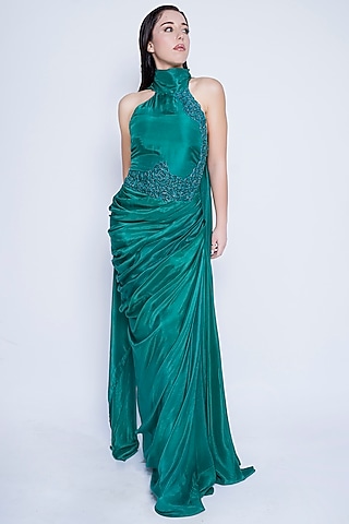 Teal Green Silk Satin Draped Halter Gown by Sonaakshi Raaj