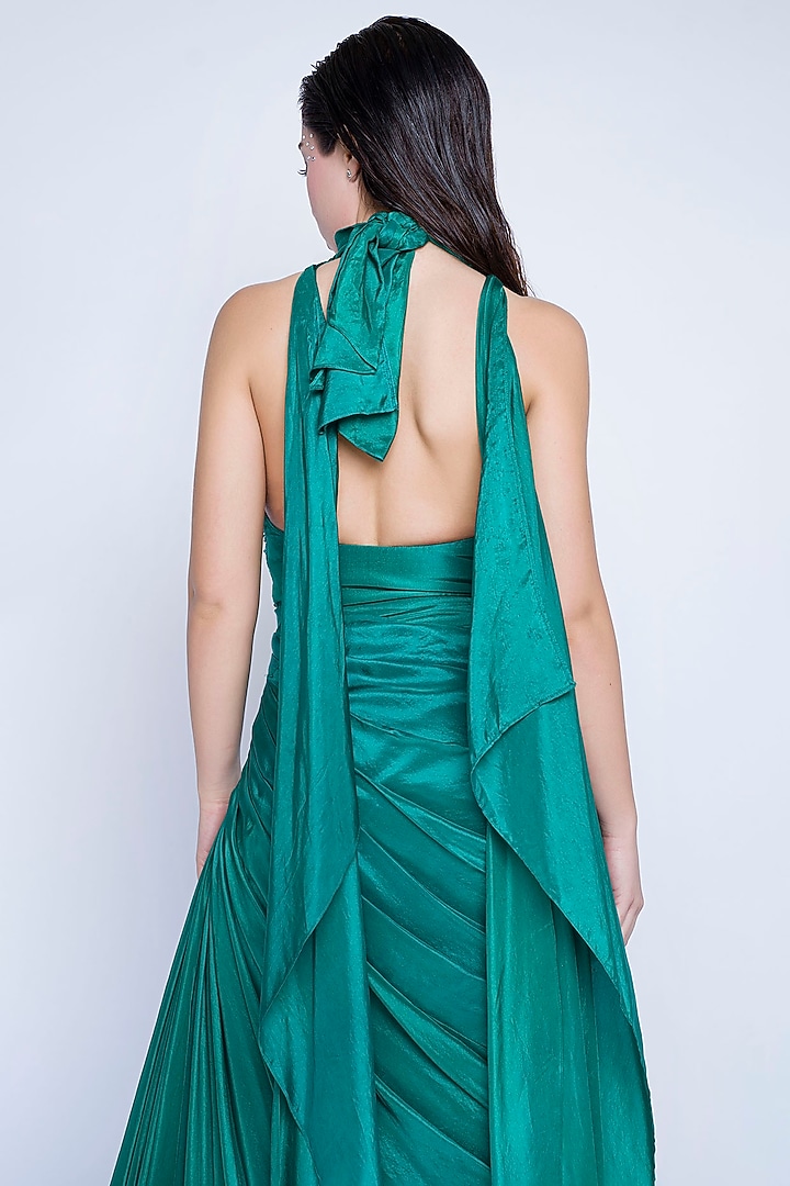Teal Green Silk Satin Draped Halter Engagement Gown by Sonaakshi Raaj at Pernia's Pop Up Shop