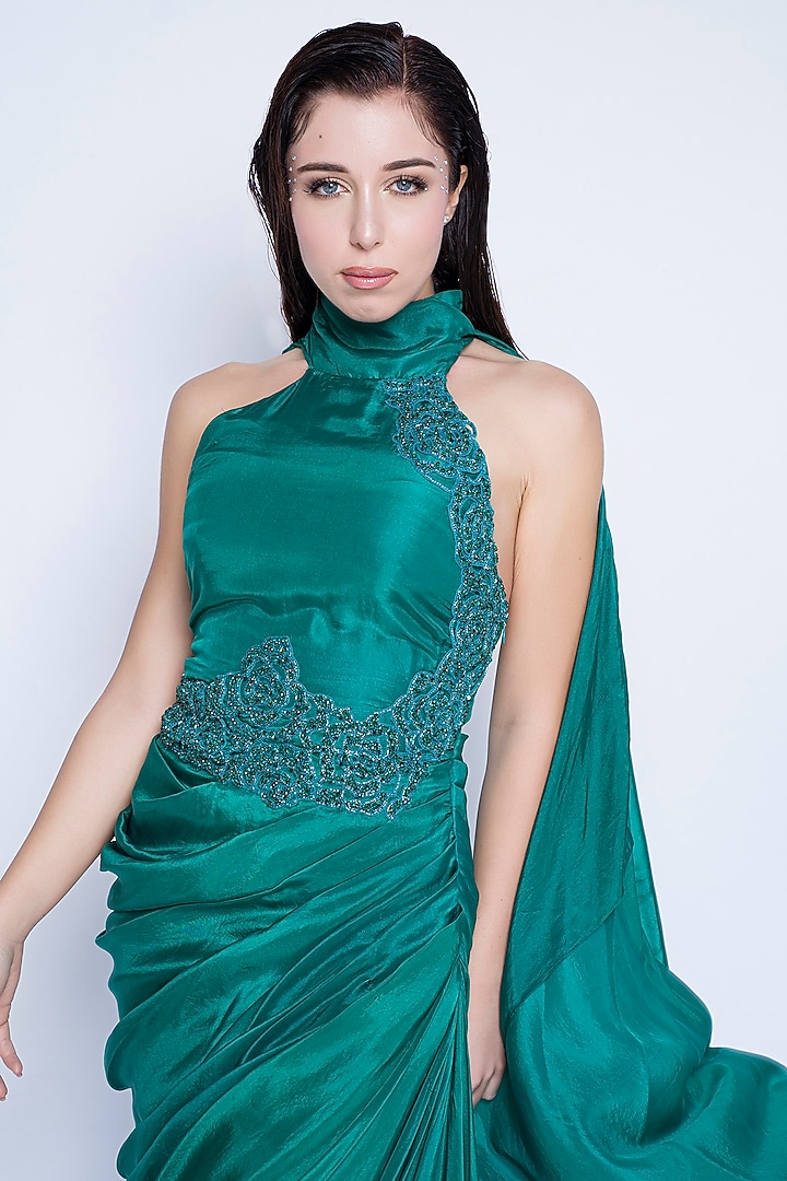Teal Green Silk Satin Draped Halter Engagement Gown by Sonaakshi Raaj at Pernia's Pop Up Shop