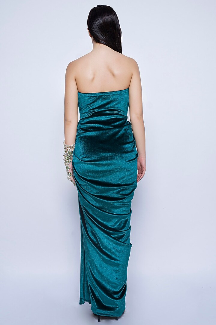 Teal Blue Velvet Engagement Gown by Sonaakshi Raaj at Pernia's Pop Up Shop