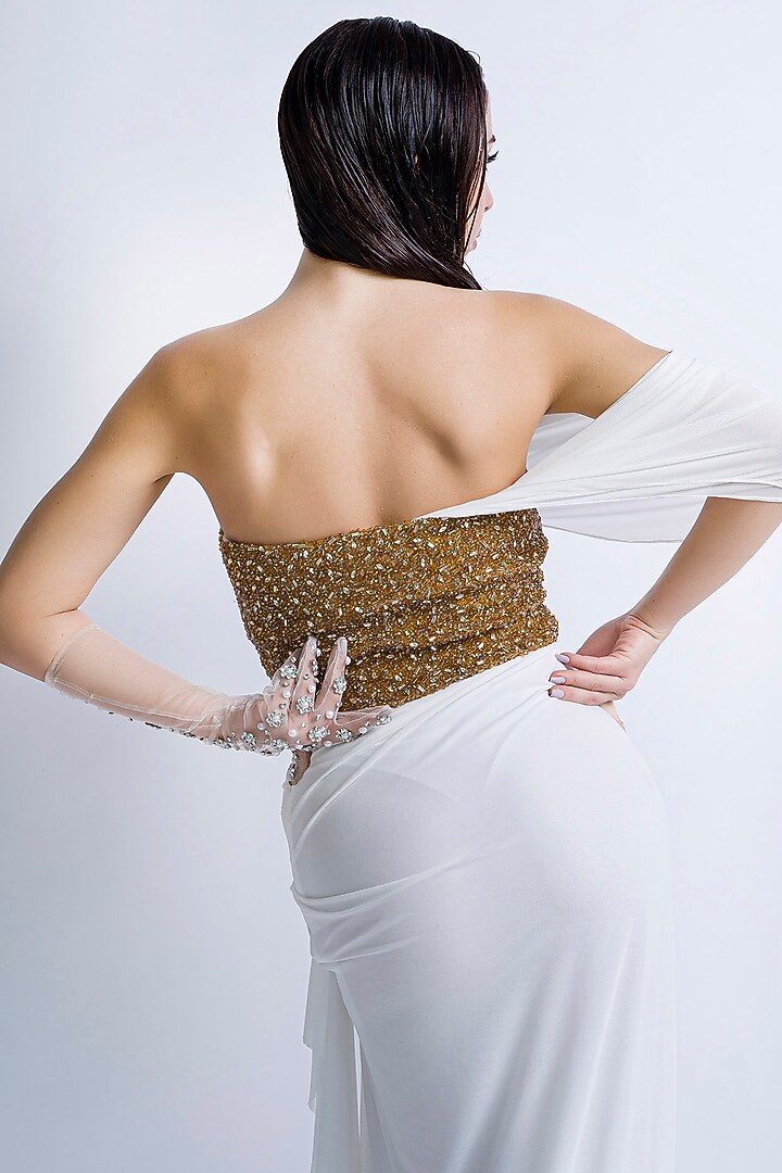 Ivory Lycra Pleated Engagement Gown by Sonaakshi Raaj at Pernia's Pop Up Shop