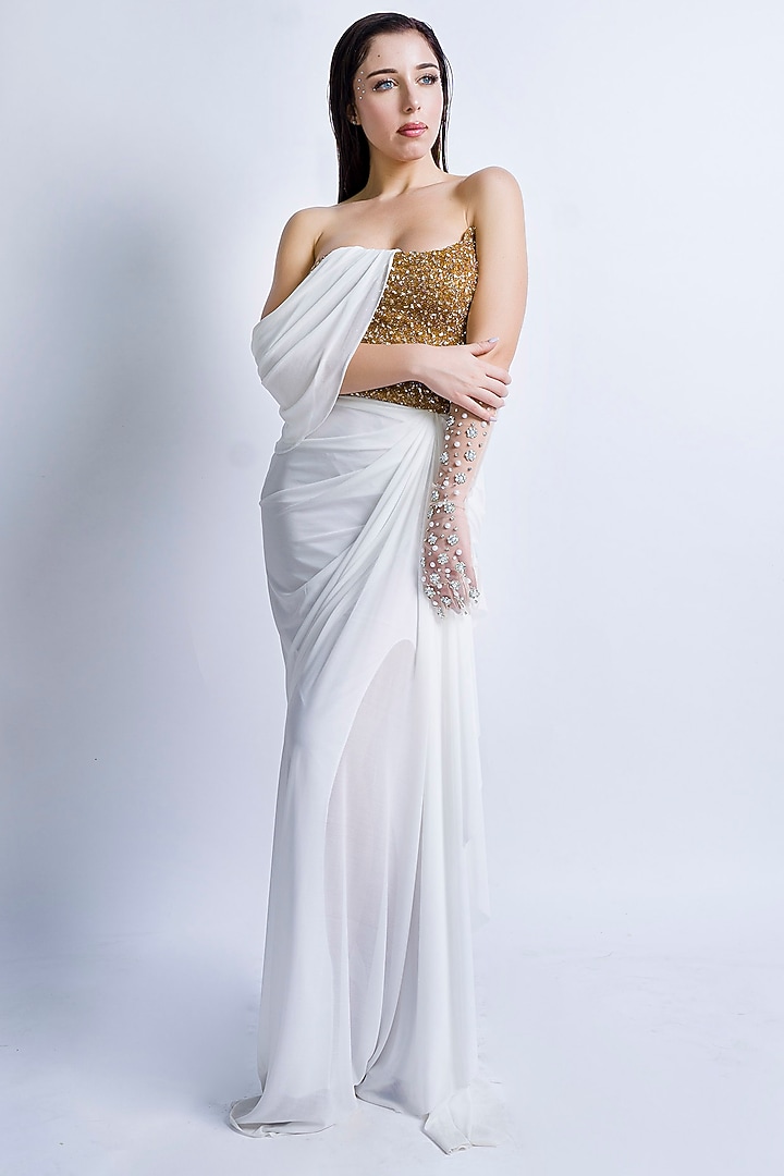 Ivory Lycra Pleated Engagement Gown by Sonaakshi Raaj at Pernia's Pop Up Shop