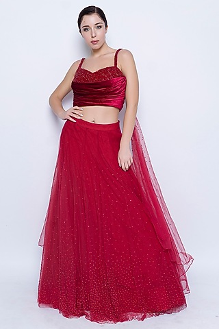 Red Swiss Net Skirt Set by Sonaakshi Raaj