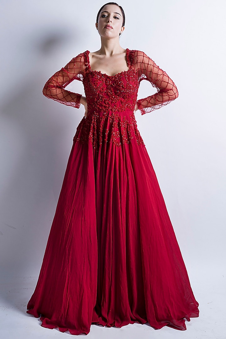 Red Embroidered Gown by Sonaakshi Raaj