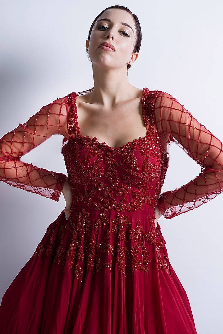 Red Embroidered Wedding Gown by Sonaakshi Raaj at Pernia's Pop Up Shop