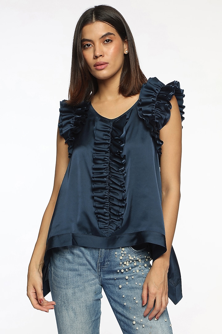 Ping Blue Satin Frilled Top by Sonal Singh at Pernia's Pop Up Shop