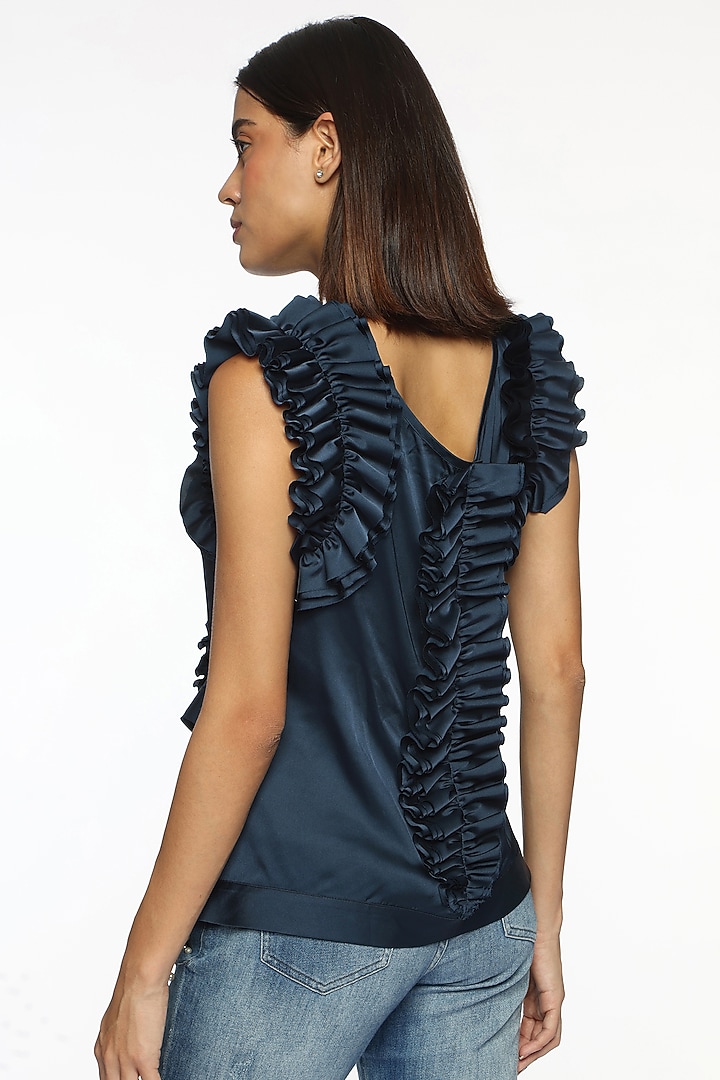 Ping Blue Satin Frilled Top by Sonal Singh at Pernia's Pop Up Shop