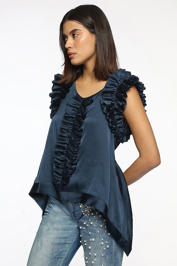 Ping Blue Satin Frilled Top by Sonal Singh at Pernia's Pop Up Shop