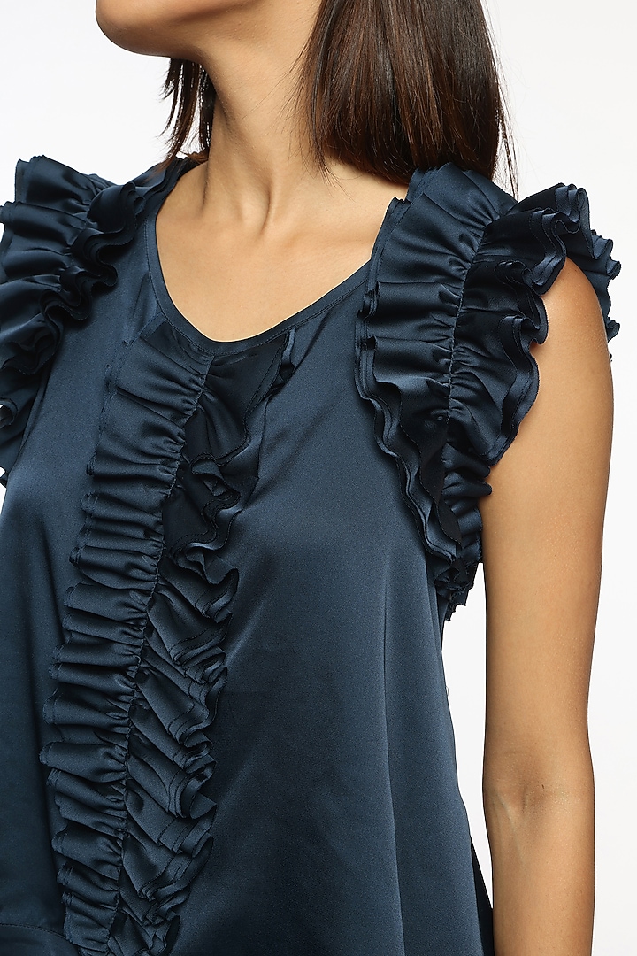 Ping Blue Satin Frilled Top by Sonal Singh at Pernia's Pop Up Shop