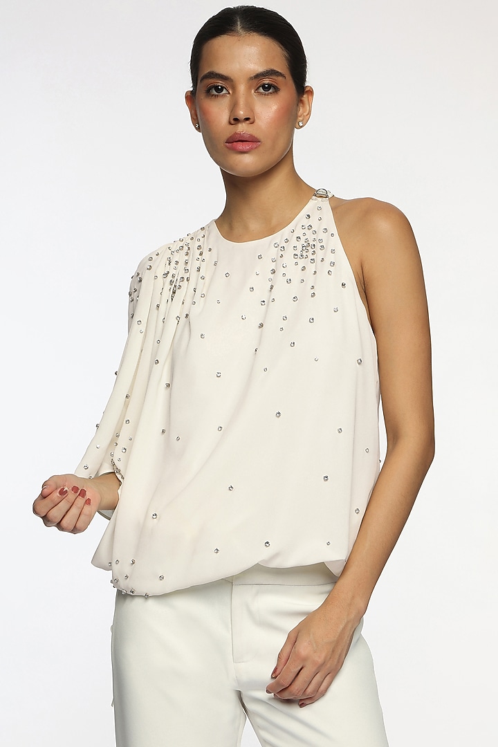 Lucent White Georgette Crystal Embellished Top by Sonal Singh at Pernia's Pop Up Shop