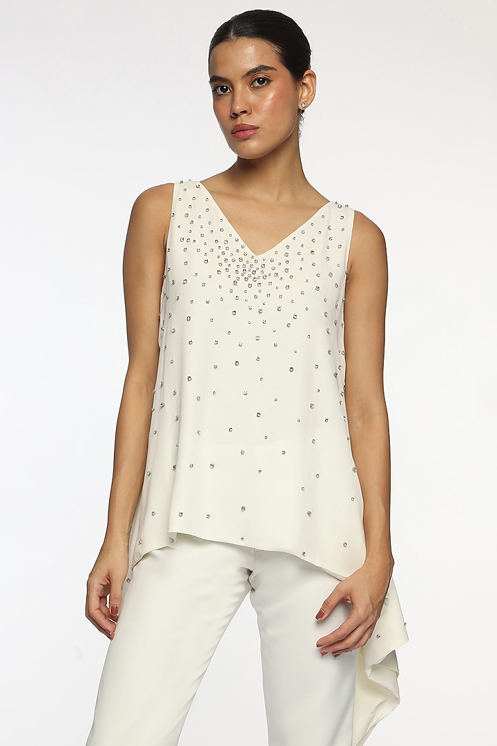 Lucent White Georgette Crystal Embellished Top by Sonal Singh at Pernia's Pop Up Shop