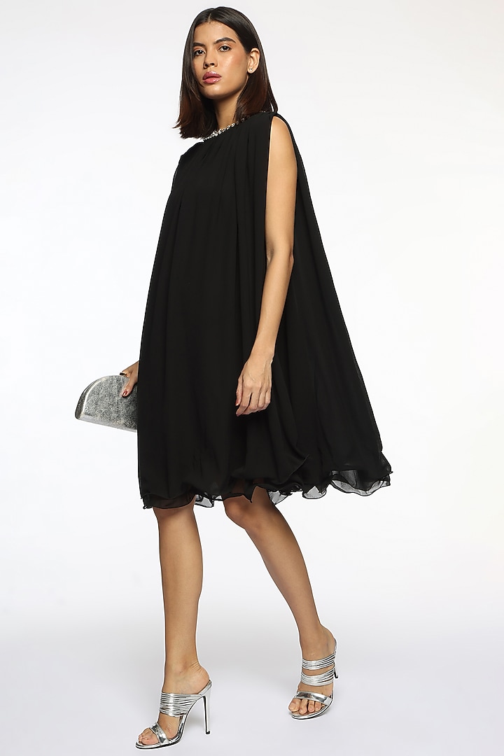 Black Georgette Crystal Hand Embroidered Summer Dress by Sonal Singh at Pernia's Pop Up Shop