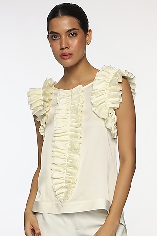 Cappuccino Foam White Satin Frilled Top by Sonal Singh
