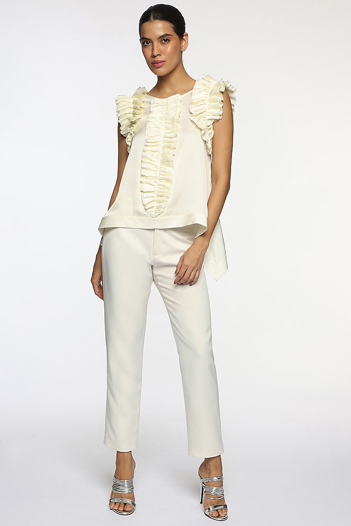 Cappuccino Foam White Satin Frilled Top by Sonal Singh at Pernia's Pop Up Shop