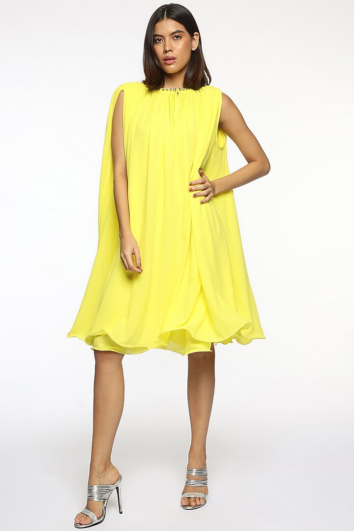 Sun Glare Yellow Georgette Crystal Hand Embroidered Summer Dress by Sonal Singh at Pernia's Pop Up Shop