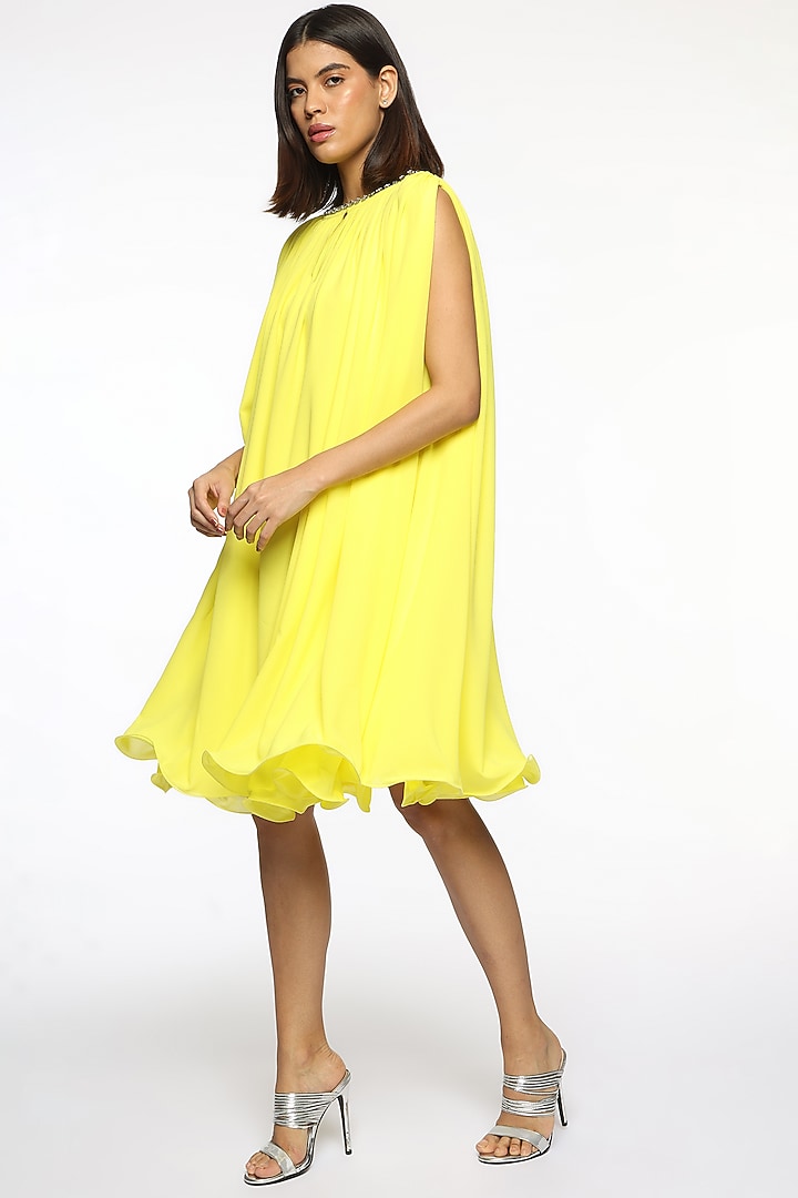 Sun Glare Yellow Georgette Crystal Hand Embroidered Summer Dress by Sonal Singh at Pernia's Pop Up Shop