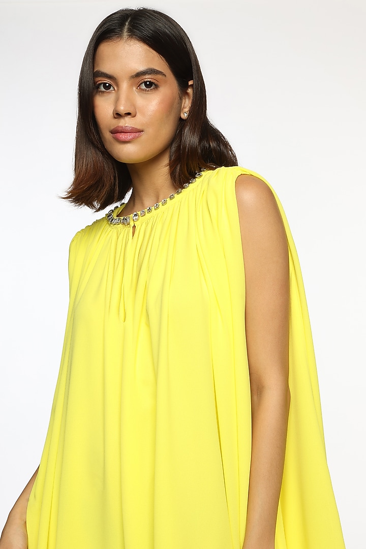 Sun Glare Yellow Georgette Crystal Hand Embroidered Summer Dress by Sonal Singh at Pernia's Pop Up Shop