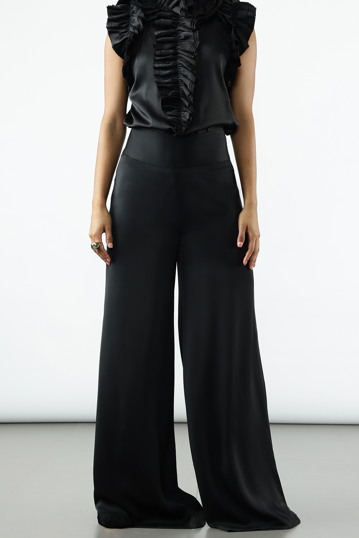 Black Double Satin Flared Pant by Sonal Singh at Pernia's Pop Up Shop
