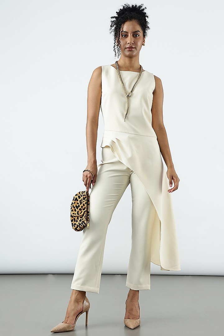 Coconut Milk White Banana Crepe Ankle-Length Pant by Sonal Singh at Pernia's Pop Up Shop