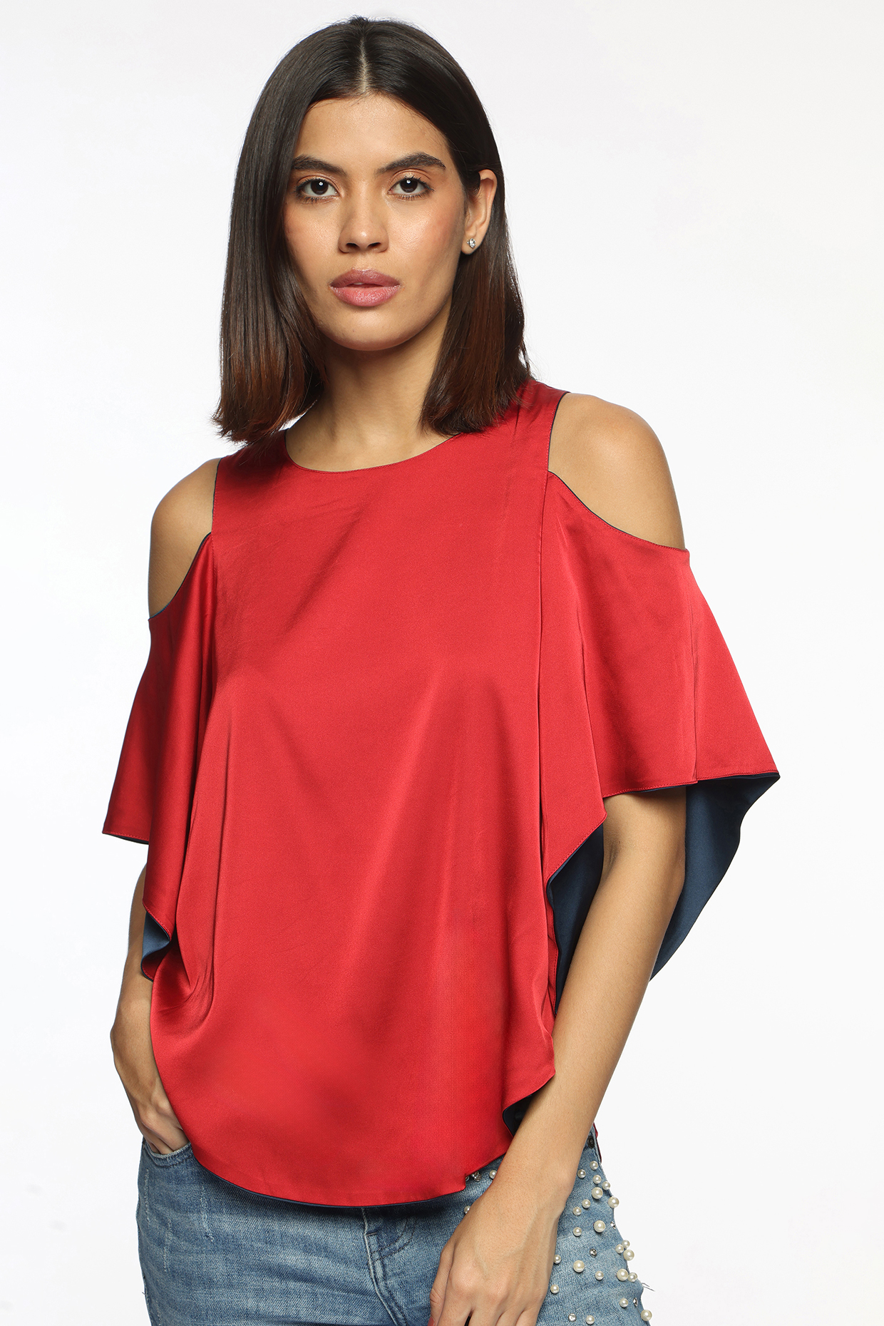 Red & Ping Blue Satin Reversible Top by Sonal Singh at Pernia's Pop Up Shop