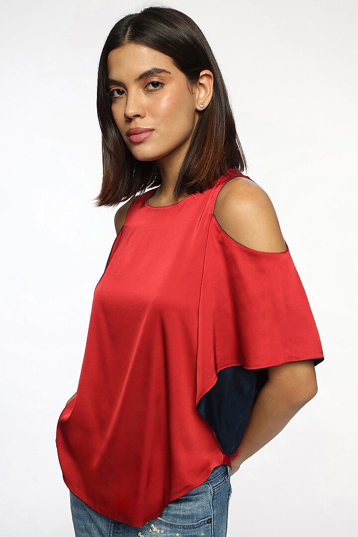 Red & Ping Blue Satin Reversible Top by Sonal Singh at Pernia's Pop Up Shop