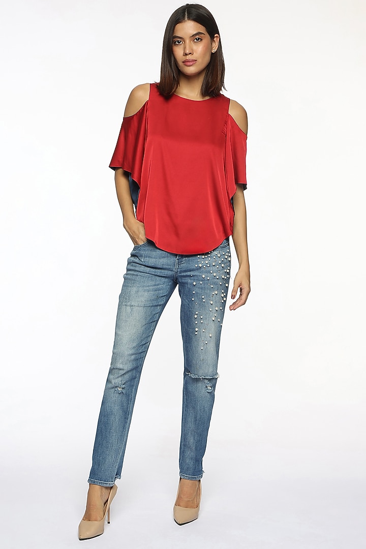 Red & Ping Blue Satin Reversible Top by Sonal Singh at Pernia's Pop Up Shop