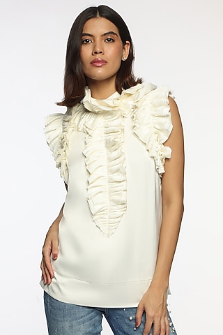 Cappuccino Foam White Satin Frilled Top by Sonal Singh