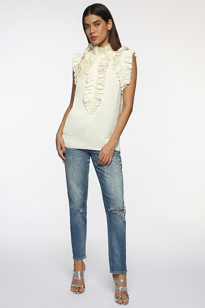 Cappuccino Foam White Satin Frilled Top by Sonal Singh at Pernia's Pop Up Shop
